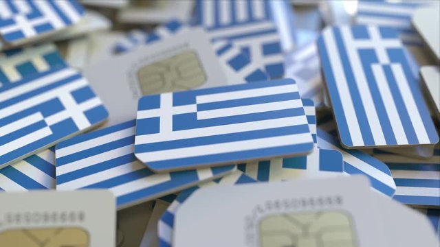 Multiple SIM cards with flag of Greece. Greek mobile telecommunications conceptual 3D animation