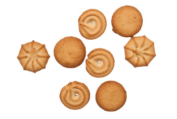 Danish butter cookies, butter cookies on white. Traditional danish Christmas cookies. Sweet danish cookies