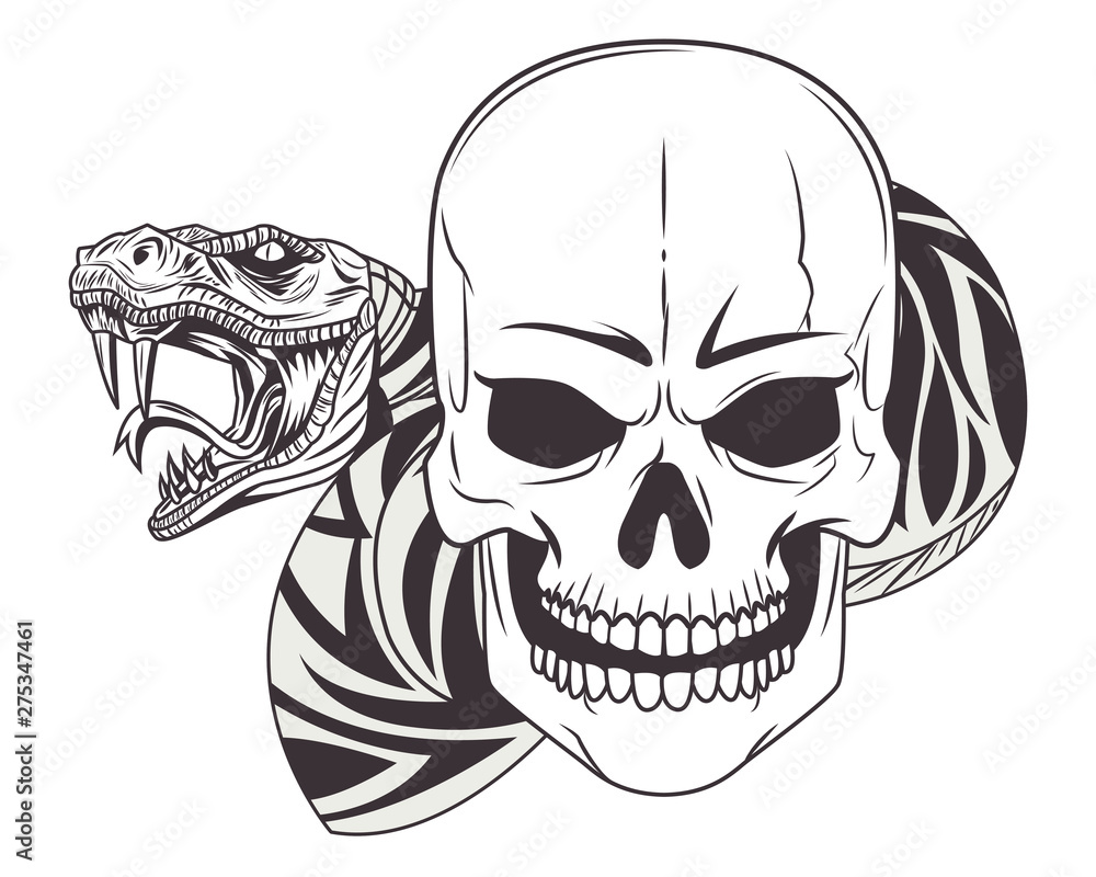 Wall mural snake and skull drawn tattoo icon