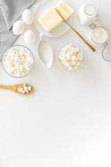 Eggs, butter, milk, yougurt, cottage for natural farm products yougurt on white background top view monochrome copyspace