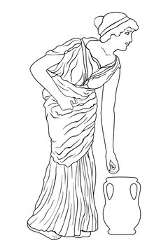 A young woman in a long dress leans to a jug. Vector image in ancient greek style isolated on a white background.