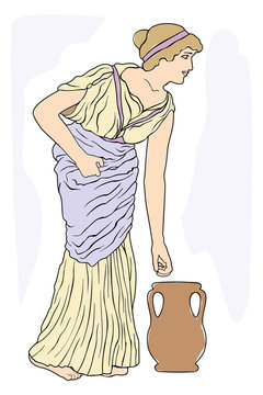 A young woman in a long dress leans to a jug. Vector image in ancient greek style isolated on a white background.