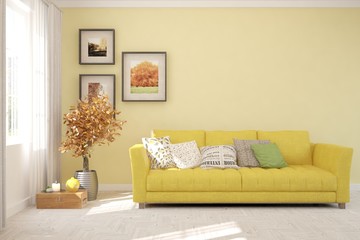 Stylish room in white color with sofa. Scandinavian interior design. 3D illustration