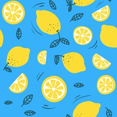 Trendy summer pattern with lemons and colorful background. Hand drawn lemons design for textile, cases, prints etc. Vector illustration