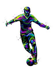 Footballer with the ball. Abstract, graphic, multi-colored image of a soccer player kicking the ball on a white background in pop art style with watercolor splashes.