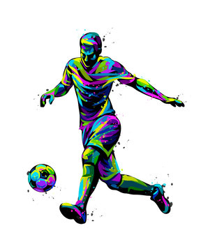  Footballer with the ball. Abstract, graphic, multi-colored image of a football player on a white background in pop art style with watercolor splashes.
