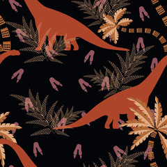 Diplodocus in a prehistoric forest on a black background. Seamless pattern. For textiles, fabrics, paper, Wallpaper