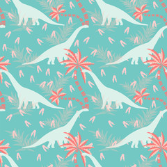 Diplodocus in a prehistoric forest on turquoise background. Seamless pattern. For textiles, fabrics, paper, Wallpaper