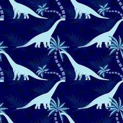 Diplodocus in a prehistoric forest on a blue background. Seamless pattern. For textiles, fabrics, paper, Wallpaper
