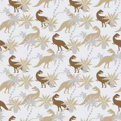 Dinosaurs in a prehistoric forest on a white background. Seamless pattern. For textiles, fabrics, paper, Wallpaper