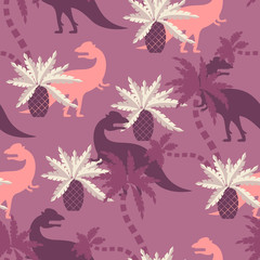 Dinosaurs in prehistoric forest on plum background. Seamless pattern. For textiles, fabrics, paper, Wallpaper