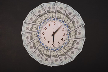 Concept of clock and dollar. Clock on mandala kaleidoscope from money. Abstract money background...