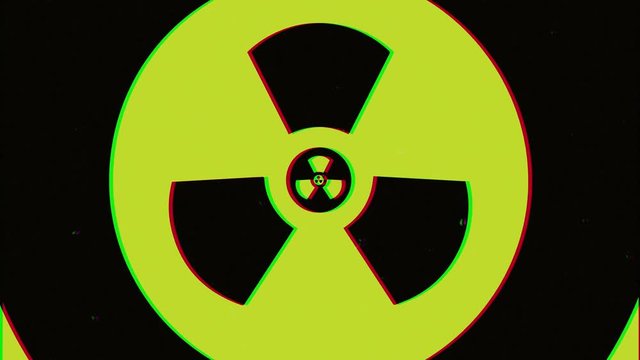 Abstract animation of radioactivity symbol with hypnotic zoom effect. Endless background. Old radiation film with glitch. Chernobyl concept. Filming for events, concerts, presentations, music videos.