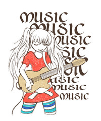illustration of girl playing guitar, tee shirt print