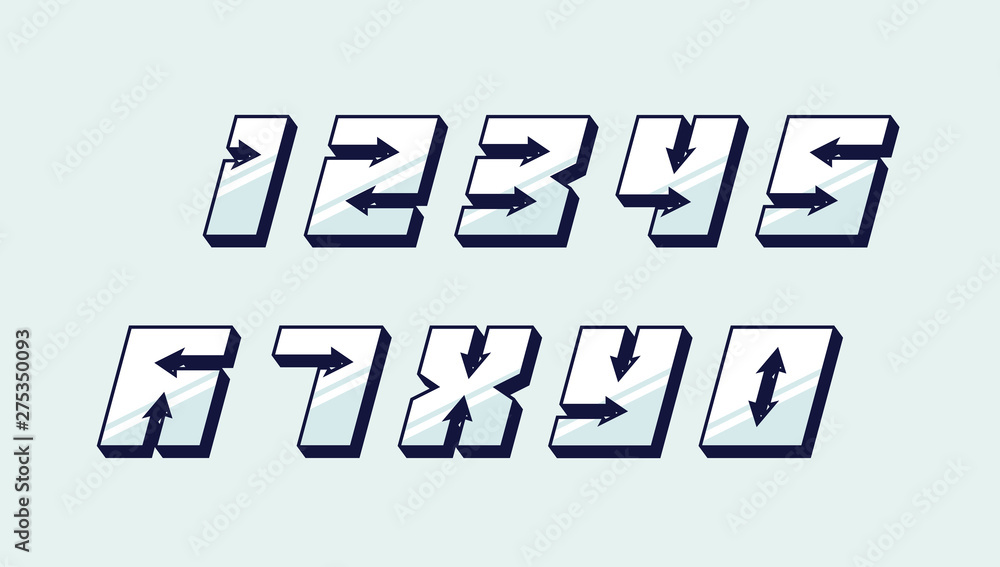 Poster numbers colourful set in 3d italic retro style with arrows in speedy trendy typography consisiting o
