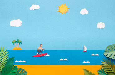 Summer wallpaper with sandy beach, professional surfer