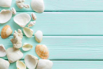 Summer at the sea design for blog with shells on mint green wooden background top view copy space