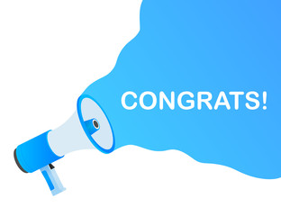 Hand holding megaphone - Congrats. Vector stock illustration.