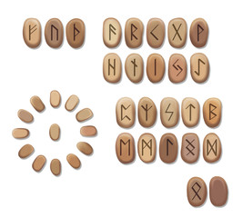 Stack of wooden runes isolated on white background. Runes are cut from wooden blocks. Magic symbols for esoteric divination. The circle of the runes for divination.