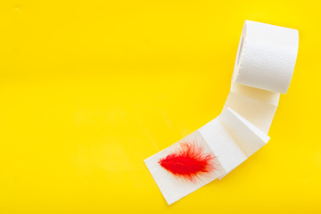 Toilet paper roll and feather for proctology diseases concept on yellow background top view mock up
