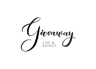 Hand-drawn giveaway lettering text for social media accounts blogs, banners. Black and white minimalist design. Advertising logo of giving present for like or repost.