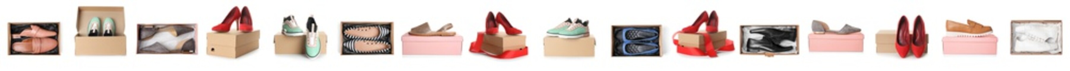 Set of different stylish shoes and boxes on white background. Banner design