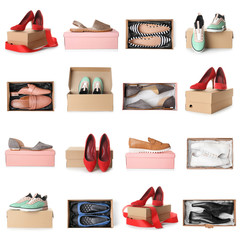 Set of different stylish shoes and boxes on white background