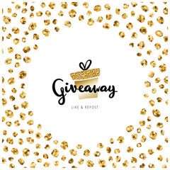 Giveaway lettering text on banner banner Christmas card. Golden gift box with calligraphy text 