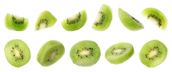 Set of cut fresh juicy kiwi on white background. Banner design