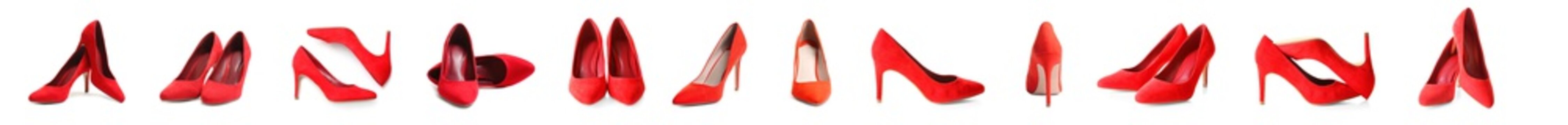 Pair of female shoes on white background