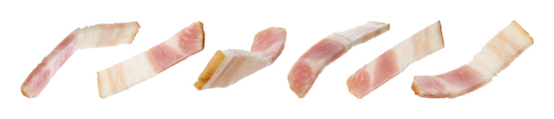Set of cut delicious bacon on white background. Banner design