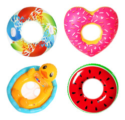 Set of bright inflatable rings on white background