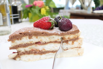 Cake with Strawberry and morello in a Restaurant