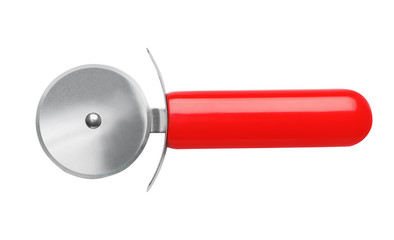 Sharp pizza cutter isolated on white. Kitchen utensil