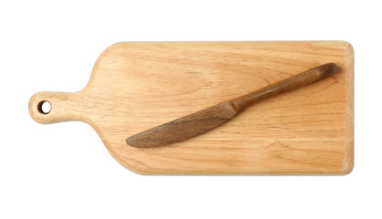 Wooden butter knife with board on white background, top view