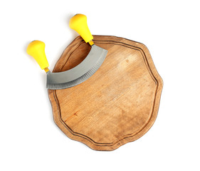 Mezzaluna knife with wooden board isolated on white, top view