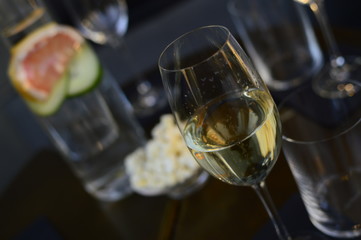 Diner table server with wine glasses and food