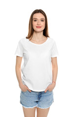 Obraz premium Young woman in t-shirt on white background. Mock up for design