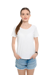 Fototapeta premium Young woman in t-shirt on white background. Mock up for design