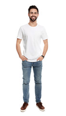 Young man in t-shirt on white background. Mock up for design