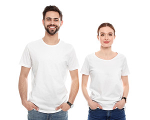 Young people in t-shirts on white background. Mock up for design