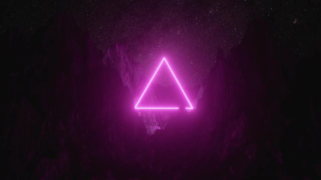 Beautiful minimalistic fantastic landscape. Bright pink neon triangle among the mountains against the background of a rotating night starry sky. Seamless loop 3d render