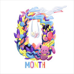 Cute months sticker with animals for baby. Baby Shower party, month sticker. Number 0. Happy birth. Vector EPS10