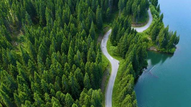 Aerial view of car driving through the fores and the lake on the side. Beautiful mountain road. Driving on the mountain road. Road trip. Mountain forest lake landscape. Car driving through pine forest