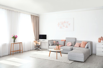 Fototapeta na wymiar Modern living room interior with comfortable sofa