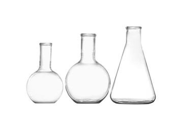 Group of empty chemistry glassware isolated on white