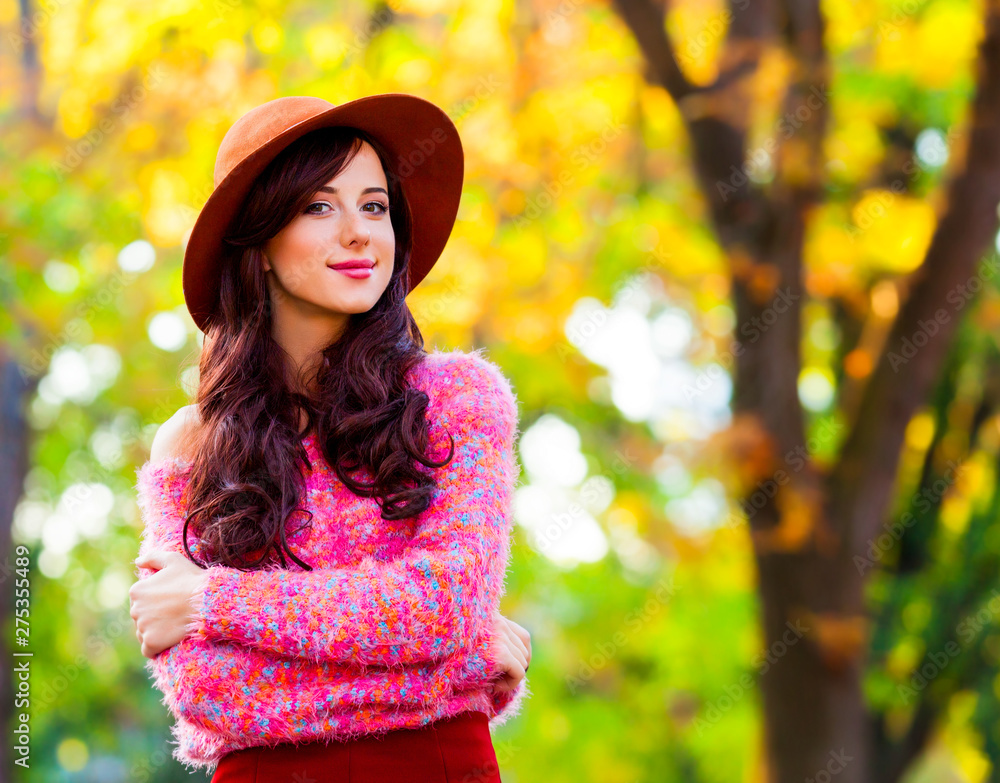 Wall mural brunette girl in pink sweater in the autumn park.