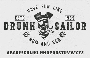 Sailor. Serif font. Vintage handmade typeface. Original hand made font and logotype. Retro and vintage had made logo and font. Print on clothes, sticker. 