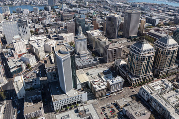 Aerial view of downtown buildings and streets in Oakland California.