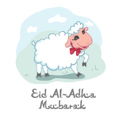 Eid Al-Adha Mubarak card design with cute little woolly white sacrificial lamb wearing a red ribbon above the greeting text